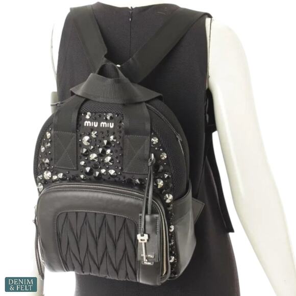 MIU MIU Black Faille Crystal Embellished Beaded Leather Trim Mini Luxe‎ Backpack main image 5